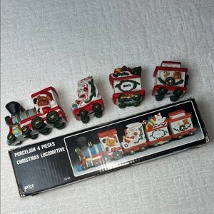 Porcelain 4 pieces Christmas locomotive train Santa toy bear presents and kitten